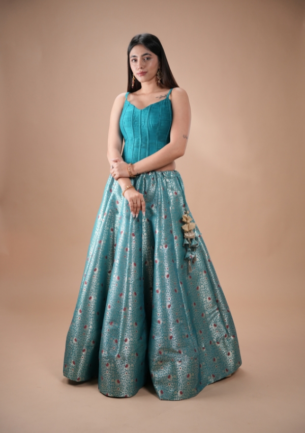 Turquoise Banarasi Silk Skirt Set